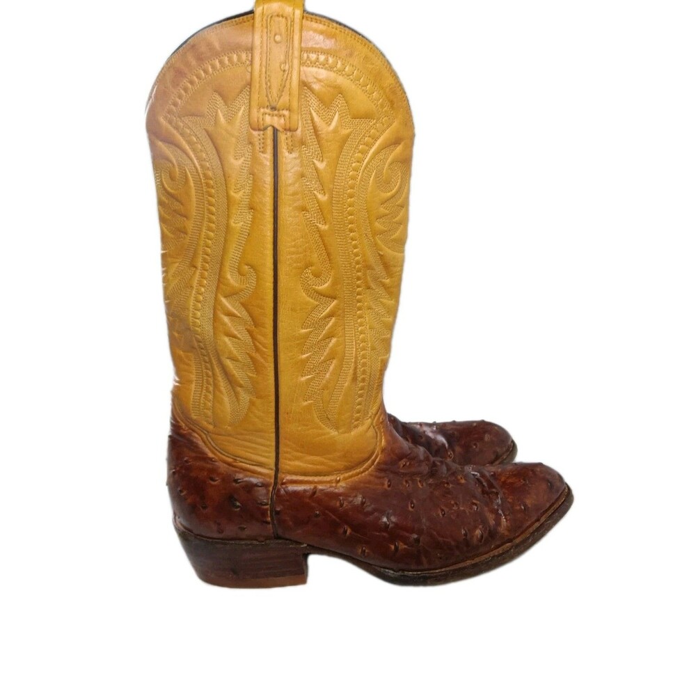 Rudel Western Boots Men's Size 9.5 E Ostrich Embossed Leather Brown